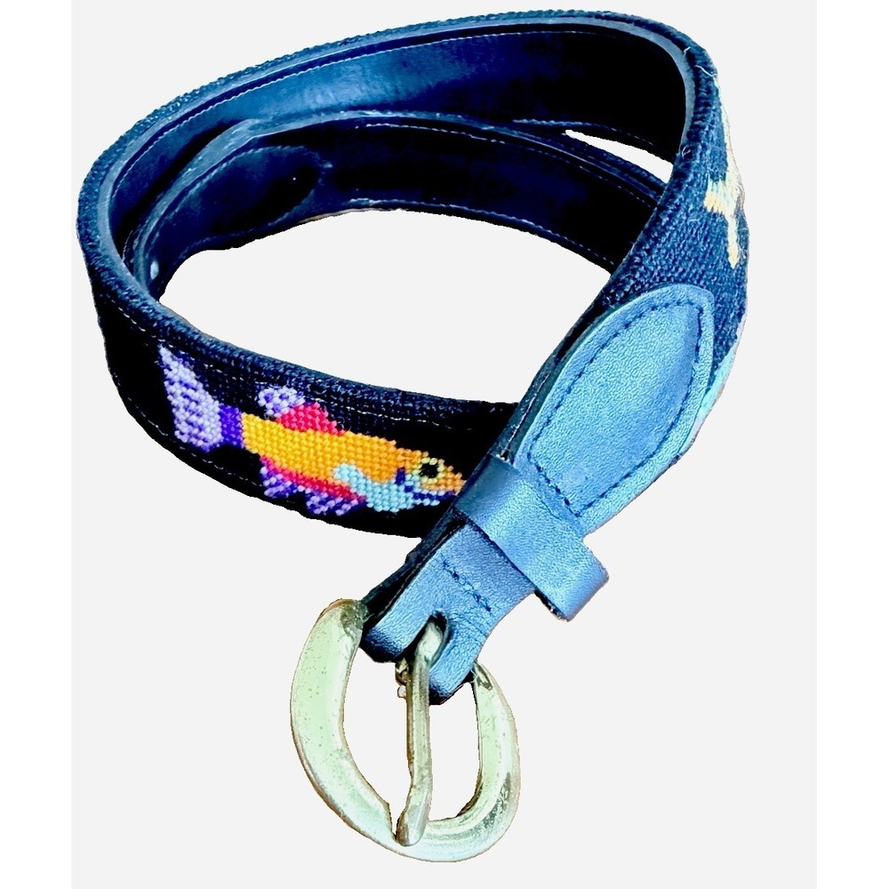 Handmade belt Needlepoint Fish  Mahi Leather Canvas Brass Buckle USA Sz 32 S/M